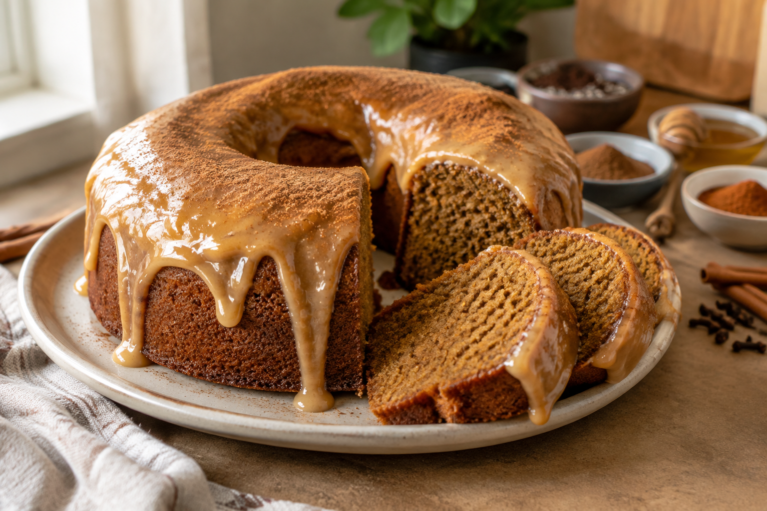 Bolo de Mel com Especiarias e Cobertura Cremosa de Doce de Leite